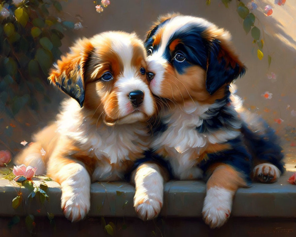 Two fluffy puppies nuzzling on soft-focus floral background