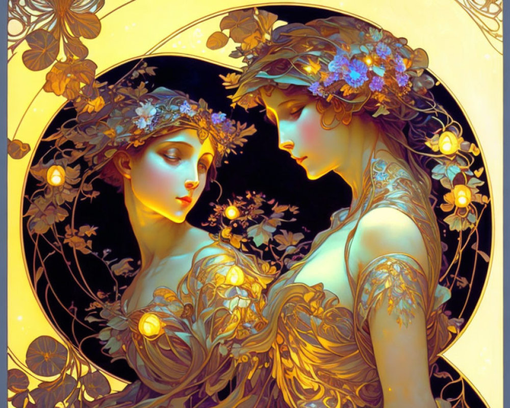 Art Nouveau Style Illustration of Ethereal Women in Golden Attire