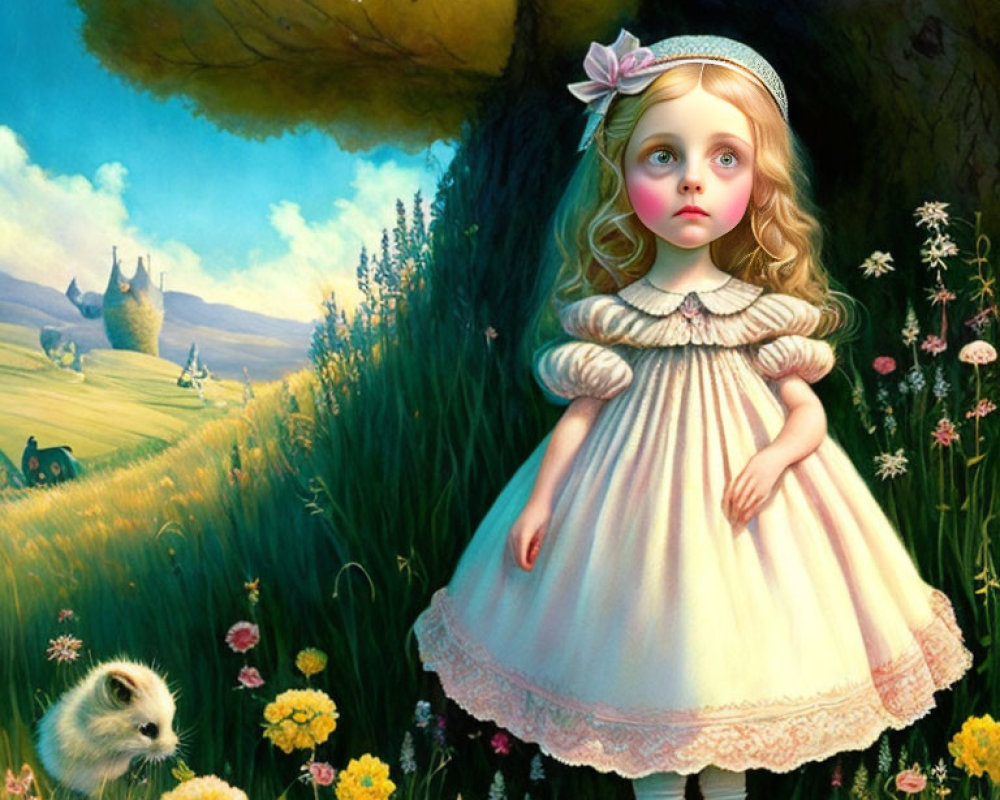 Young girl in white dress in meadow with castle and skunk.