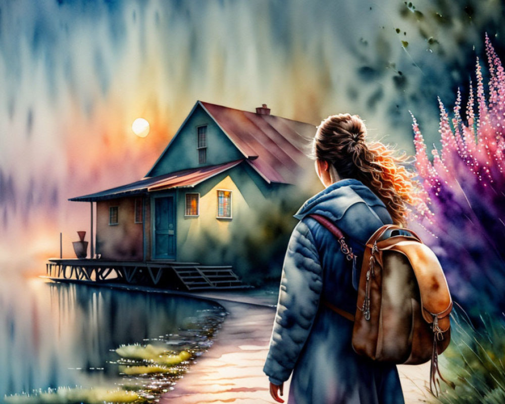 Backpacker gazing at lakeside house in sunset scenery