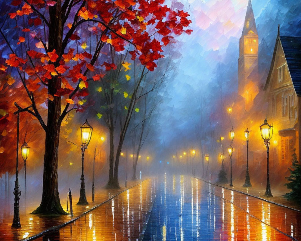 Vibrant painting of wet street with glowing lampposts and illuminated tower