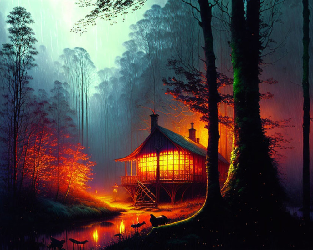 Illuminated cabin in mystical forest at night with rain and glowing orange light