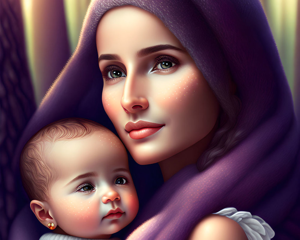 Digital illustration of woman holding infant with purple headscarf in serene setting