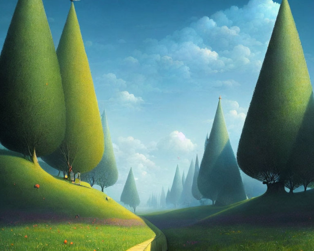 Vibrant green cone-shaped trees with yellow brick path in whimsical landscape