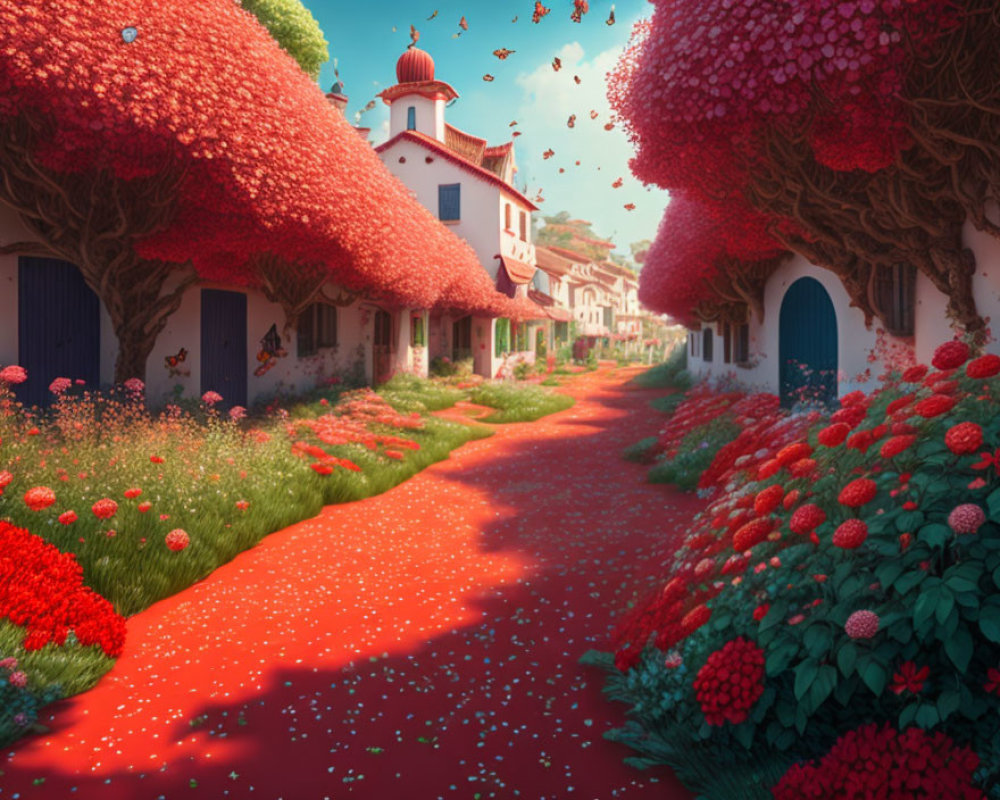 Scenic lane with red-roofed houses, vibrant trees, and petals under sunny sky