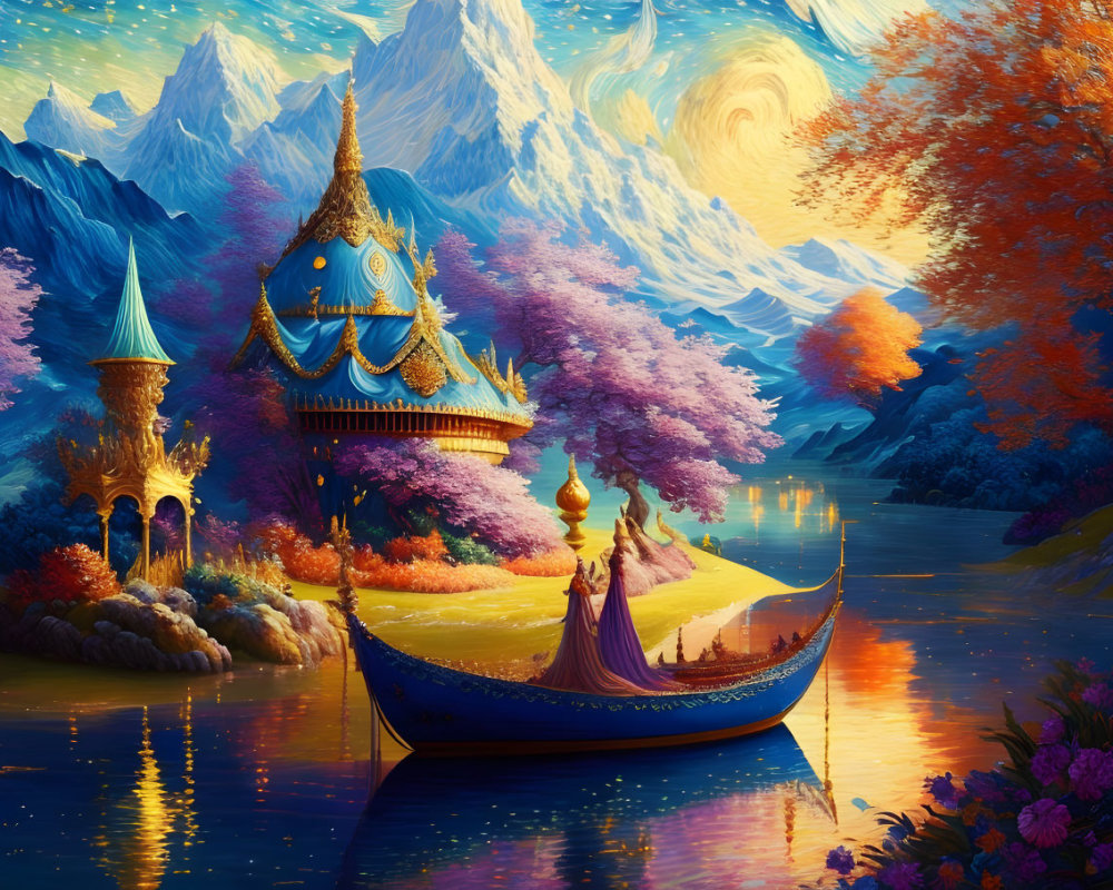 Fantasy landscape with blue gondola, colorful trees, whimsical towers, snowy mountains.