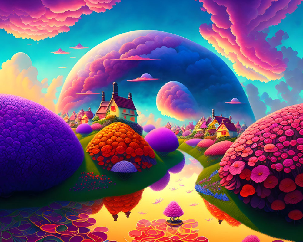 Colorful Fantasy Landscape with Fluffy Clouds, Round Hills, Flowers, Houses, and Reflective