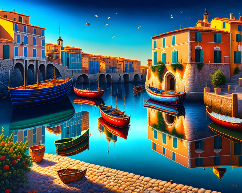 Colorful Coastal Scene with Buildings, Boats, and Stone Bridge