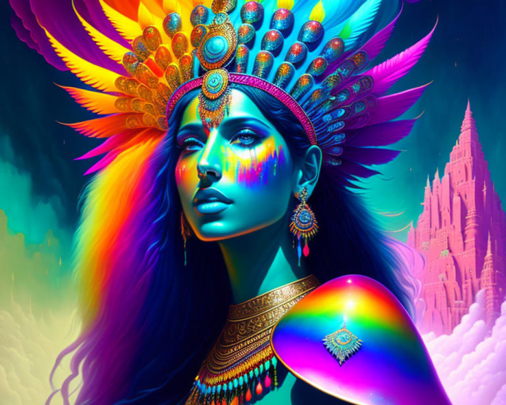 Colorful digital artwork of woman in feathered headdress on neon background