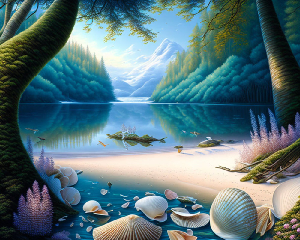 Tranquil lake with seashells, turtle, and mountains.