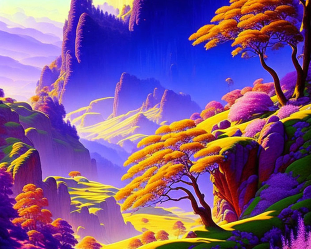 Colorful fantasy landscape with golden trees, purple foliage, waterfalls, cliffs.