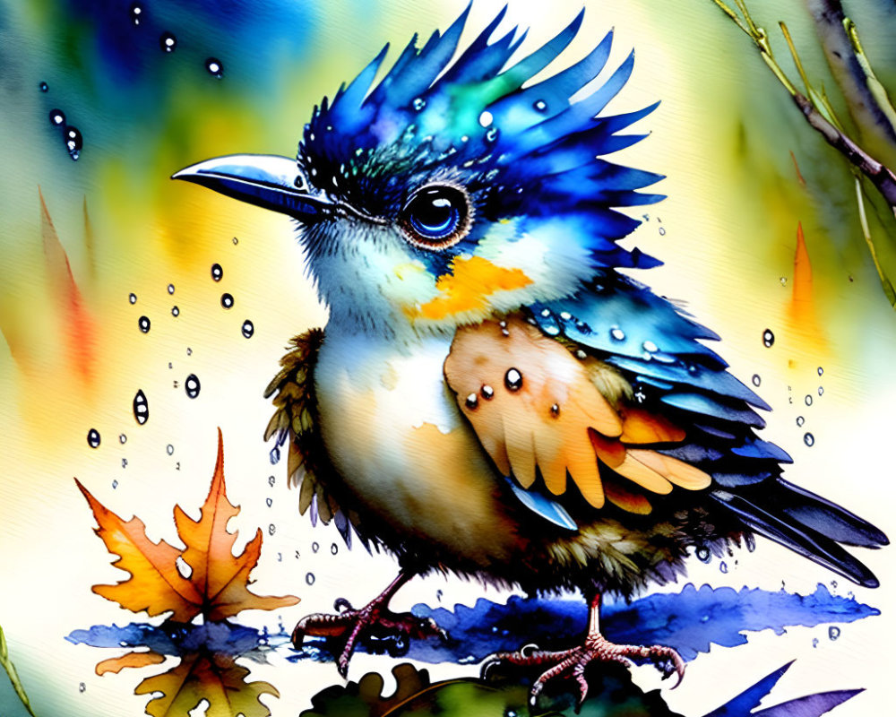 Colorful Watercolor Painting of Small Bird with Raindrops and Leaves