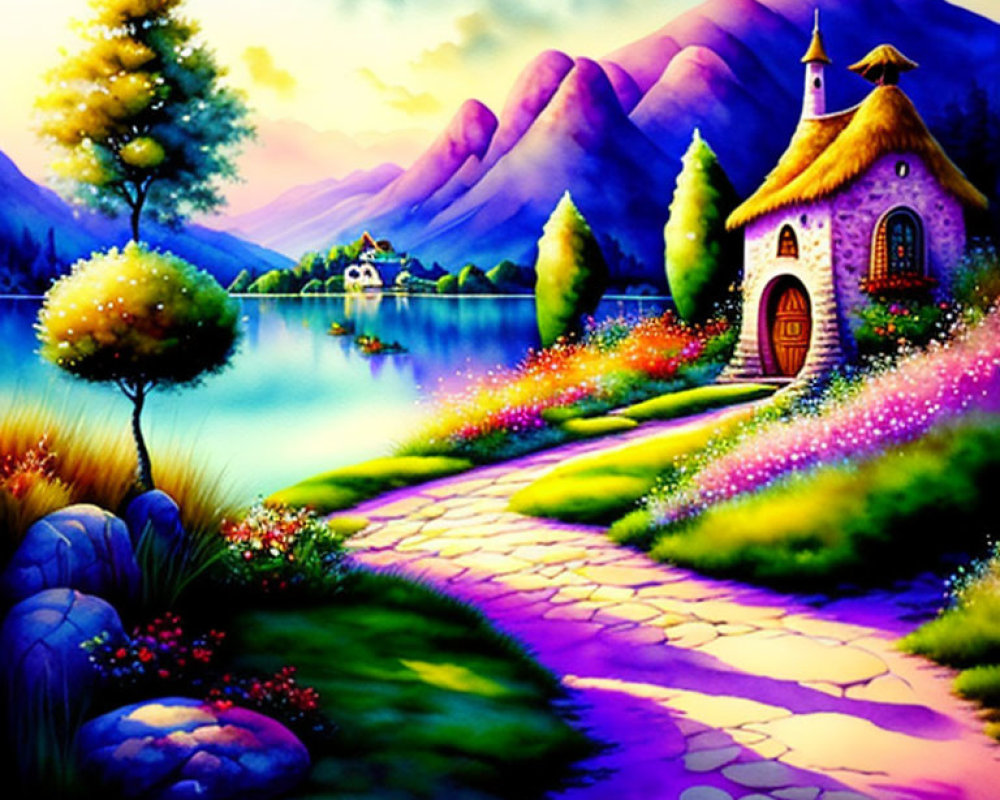 Colorful fantasy landscape with stone house, flora, pathway, mountains at twilight