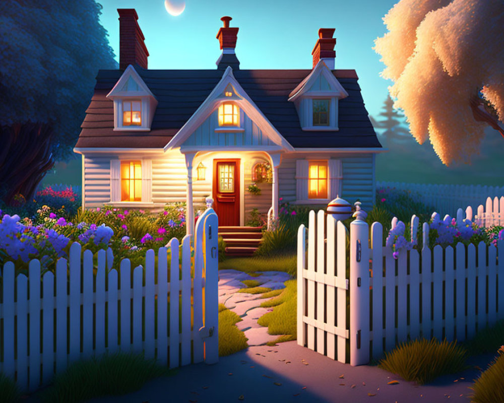 Cozy cottage scene: warm lights, picket fence, flowers, trees, crescent moon