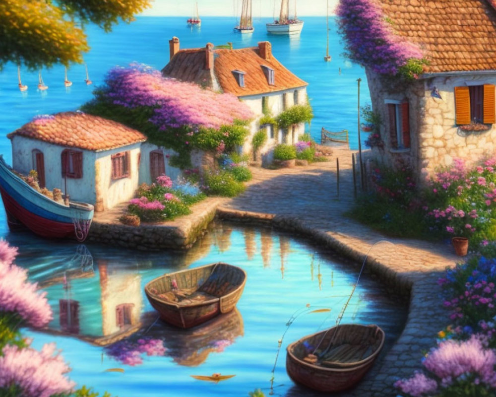 Tranquil Coastal Village with Purple Flowers and White Houses