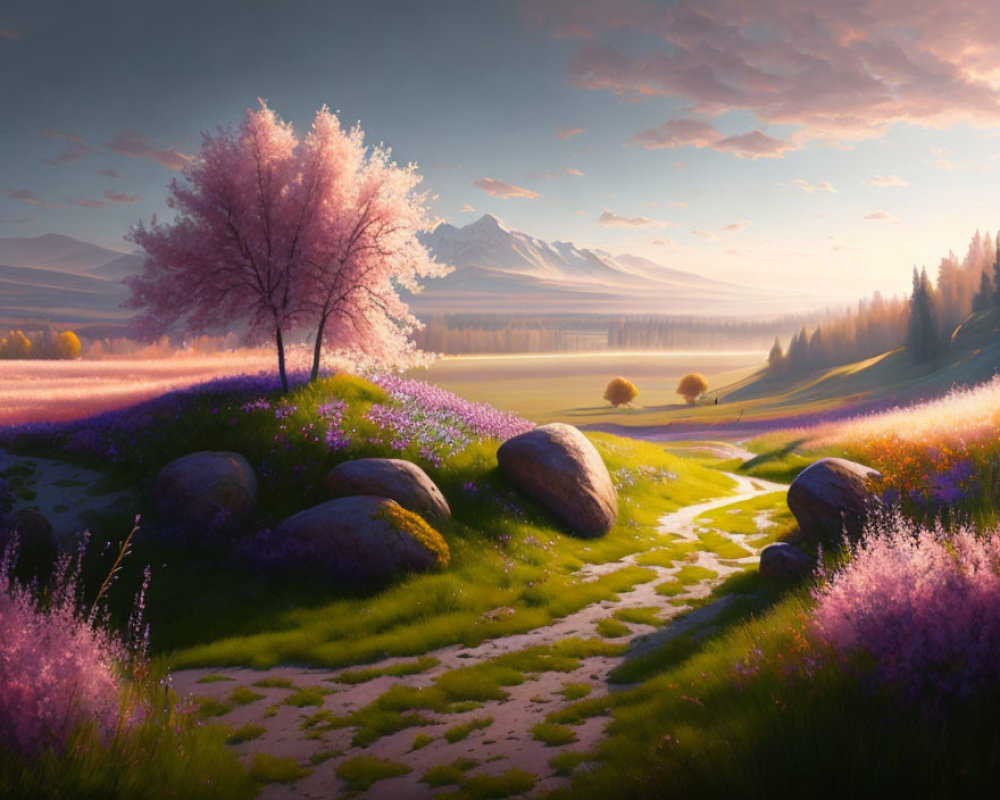 Tranquil landscape with pink tree, purple wildflowers, stones, path, and mountains