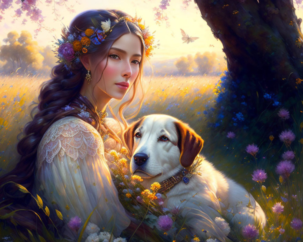 Woman with floral headpiece and loyal dog in serene meadow.