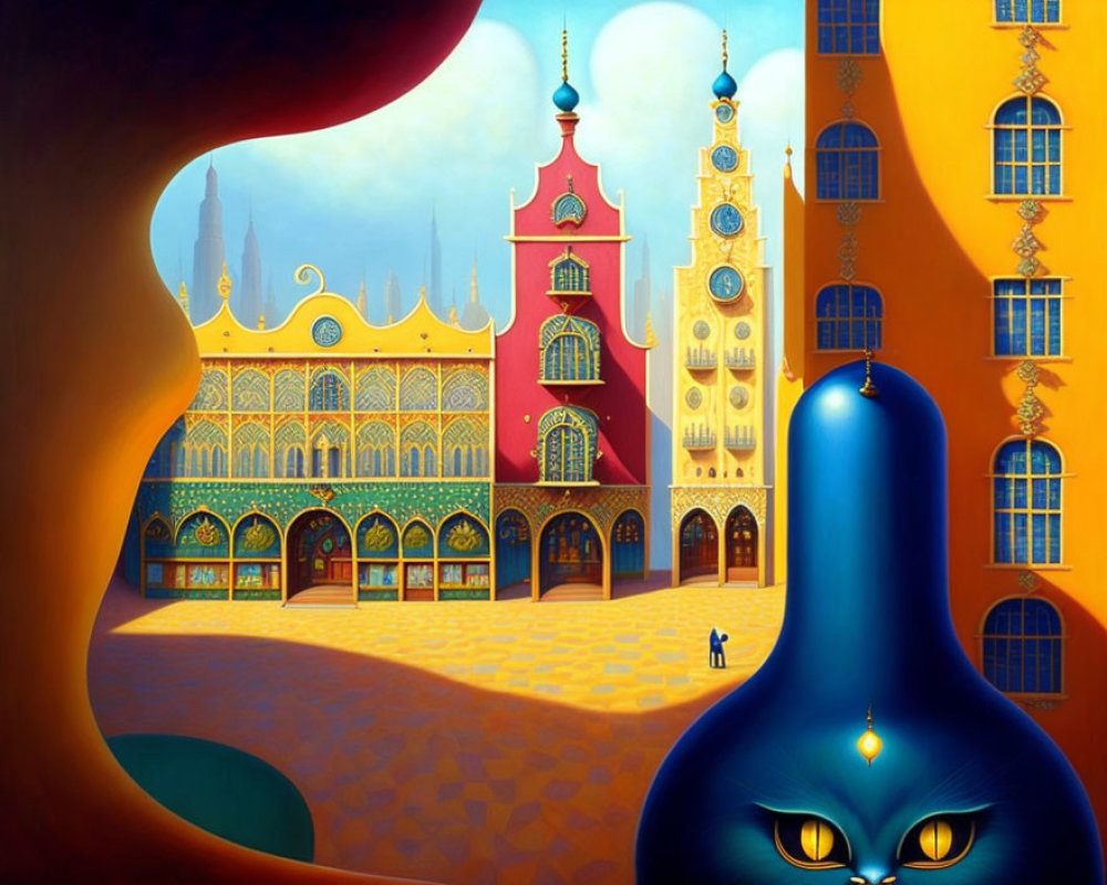 Colorful Surreal Painting with Fantastical Architecture and Blue Cat Figure