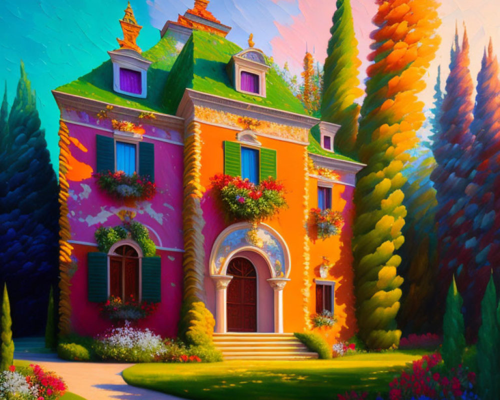 Colorful Illustration of Classical Pink House with Green Shutters