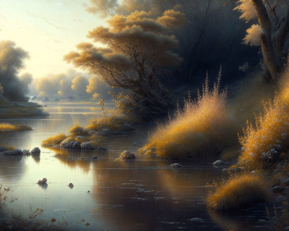 Tranquil river landscape with golden grasses and glowing light