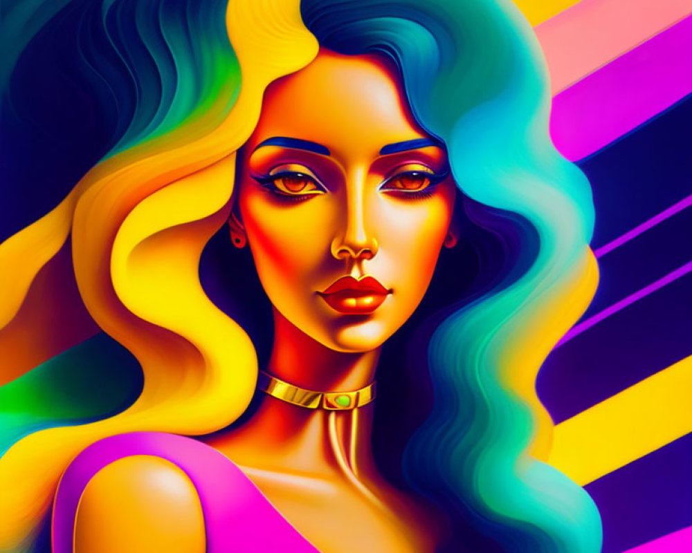 Colorful digital artwork: Woman with blue and yellow hair, golden accessories, purple top, striped background