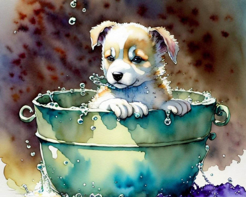 Watercolor illustration of cute puppy in teal bathtub with bubbles