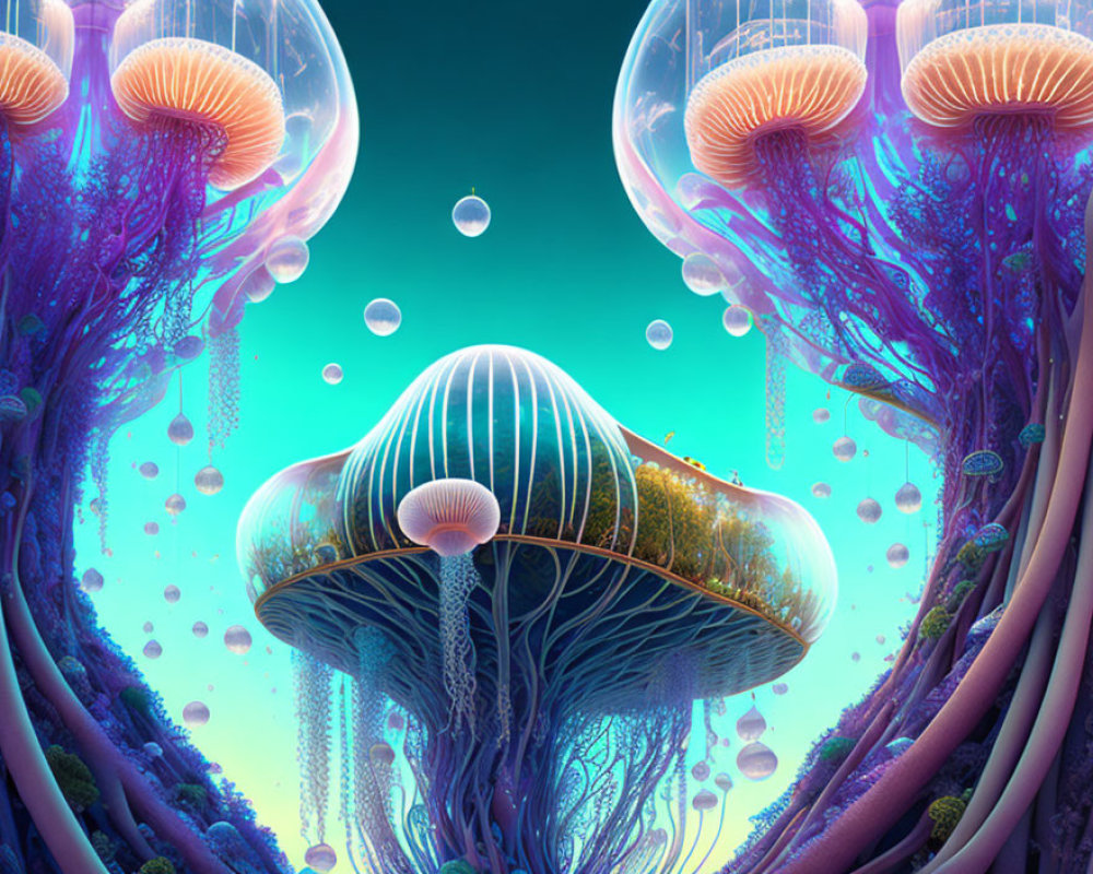 Ethereal underwater scene with oversized jellyfish-like creatures