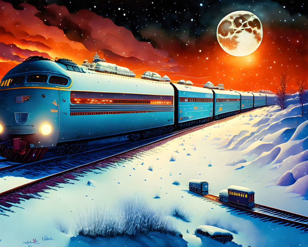 Vintage Train Night Snowy Landscape Moon Orange Clouds