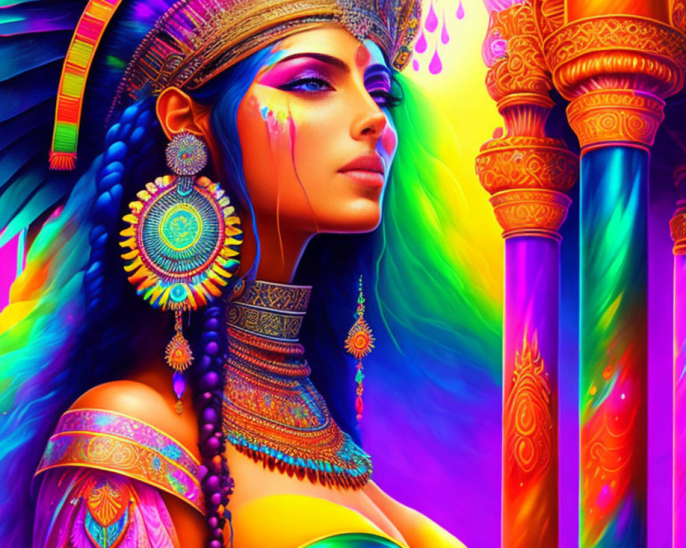 Colorful artwork of woman with elaborate headgear and jewelry in mystical setting