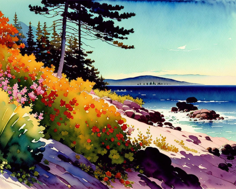 Vibrant seaside landscape with flowers, trees, water, mountains, and sky