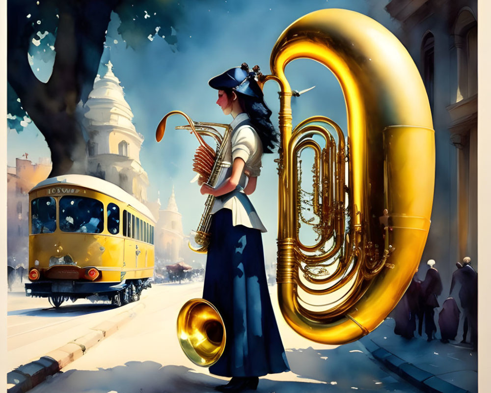 Surreal illustration of woman with brass tuba in cityscape