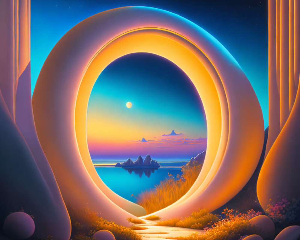 Circular gate opening to tranquil seascape with mountains under starry sky.