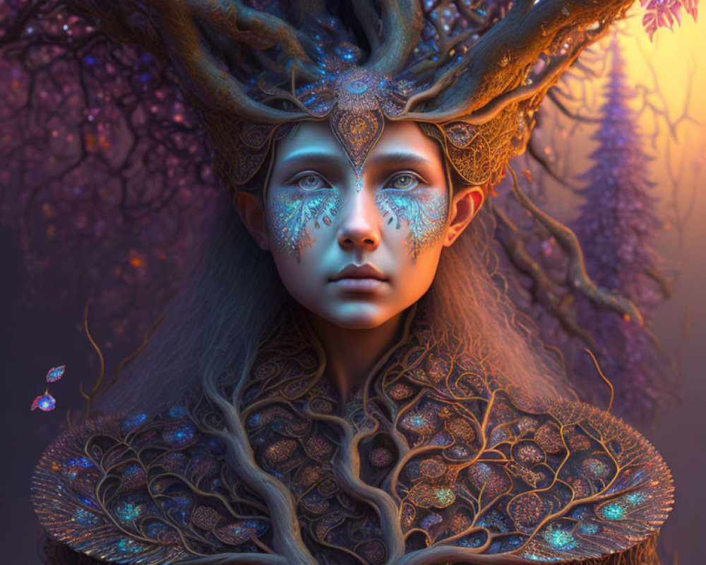 Mystical forest creature with antlers and blue facial markings in twilight ambiance