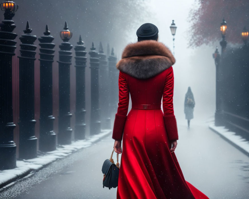 Woman in red coat and hat walking on foggy street with black bollards and purse.