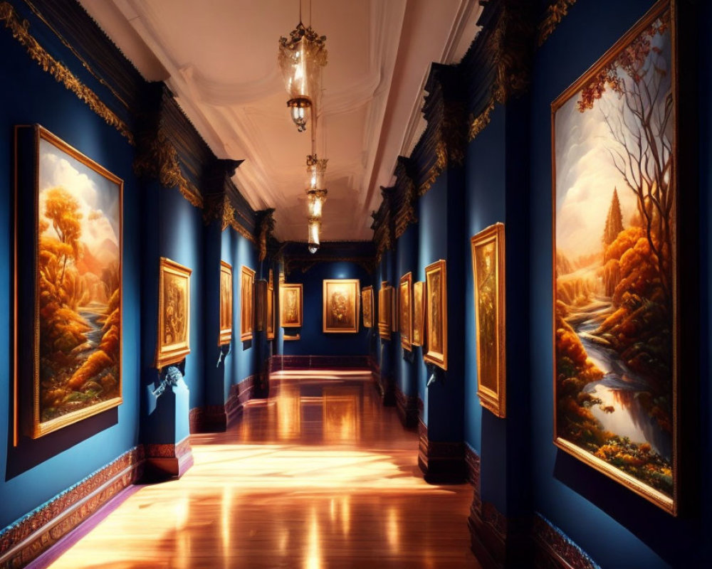 Sophisticated art gallery with blue walls, golden frames, landscape paintings, and warm wooden floor.