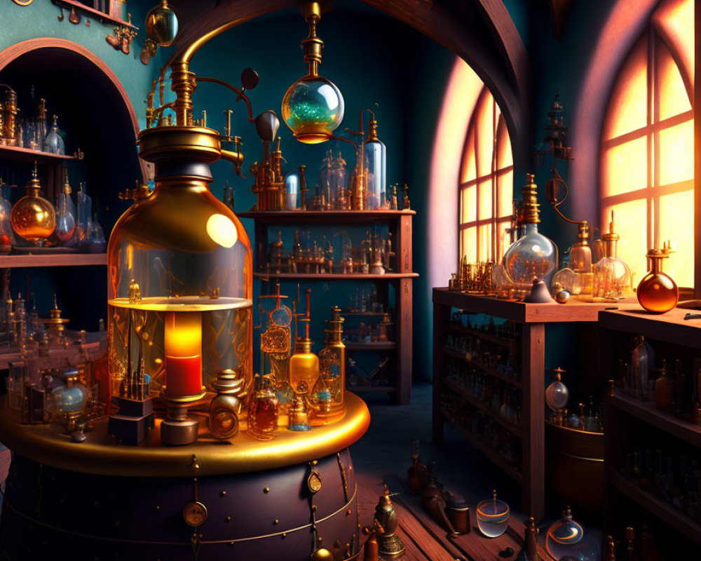Detailed Alchemy Lab with Central Apparatus and Arched Windows