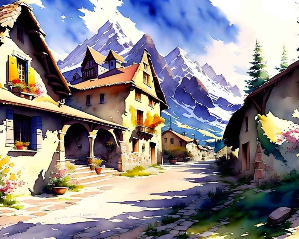 Scenic village street with colorful houses and mountain backdrop