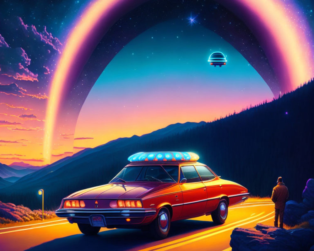 Colorful retro-futuristic police car under rainbow with UFO in starry sky