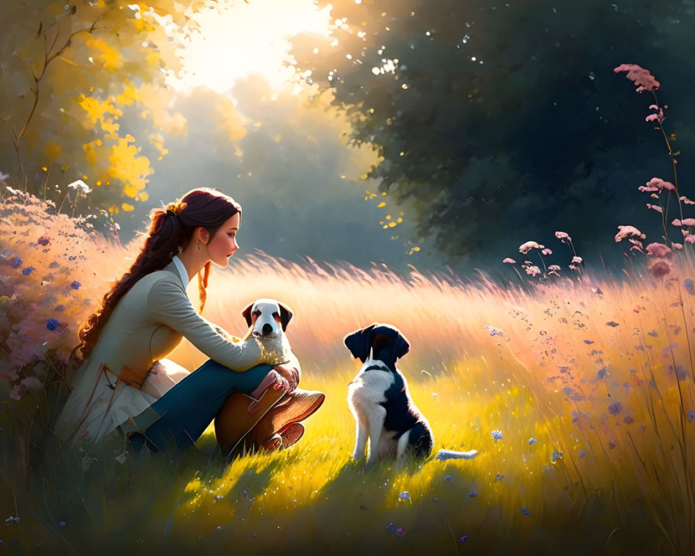 Woman with two dogs in sunlit meadow surrounded by flowers and trees.