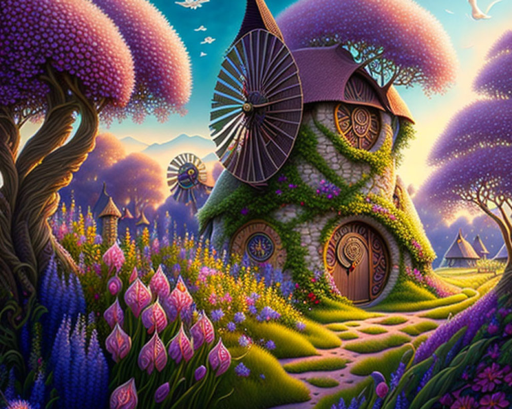 Fantasy hillside house with purple trees and windmill