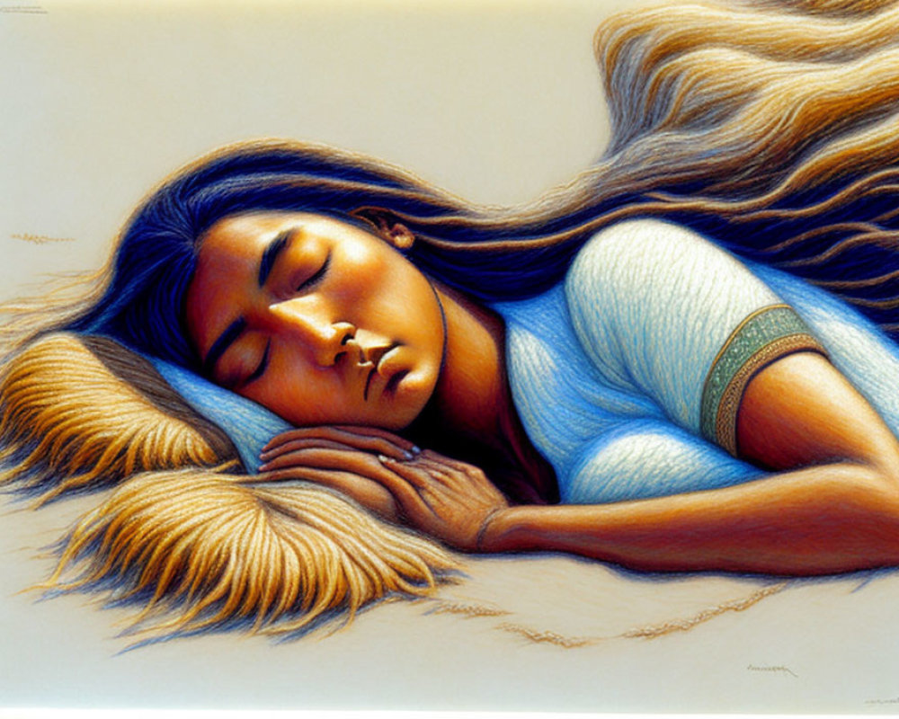 Tranquil woman with long hair resting peacefully in blue top