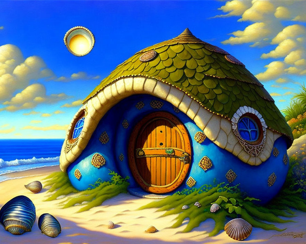 Illustration of Round Mollusk Shell-Shaped House on Sunny Beach