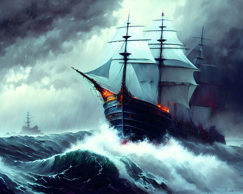 Sailing ship navigating stormy seas with billowed sails