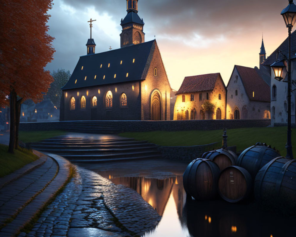 Picturesque church with illuminated windows at dusk