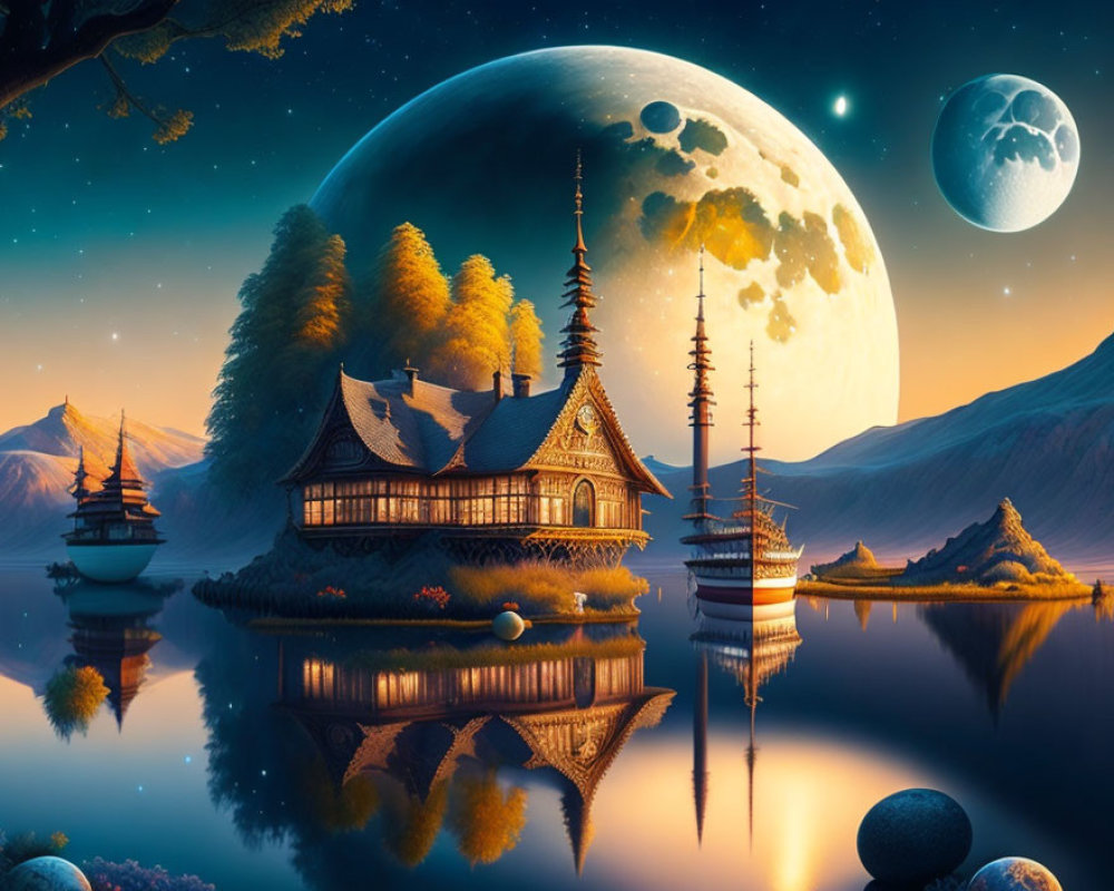 Fantasy landscape with traditional house by water and oversized moons in starry sky