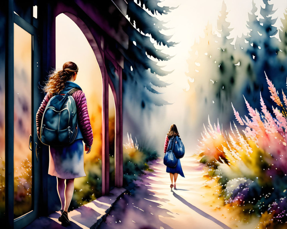 Two People Enter Colorful Forest Path from Darkened Doorway