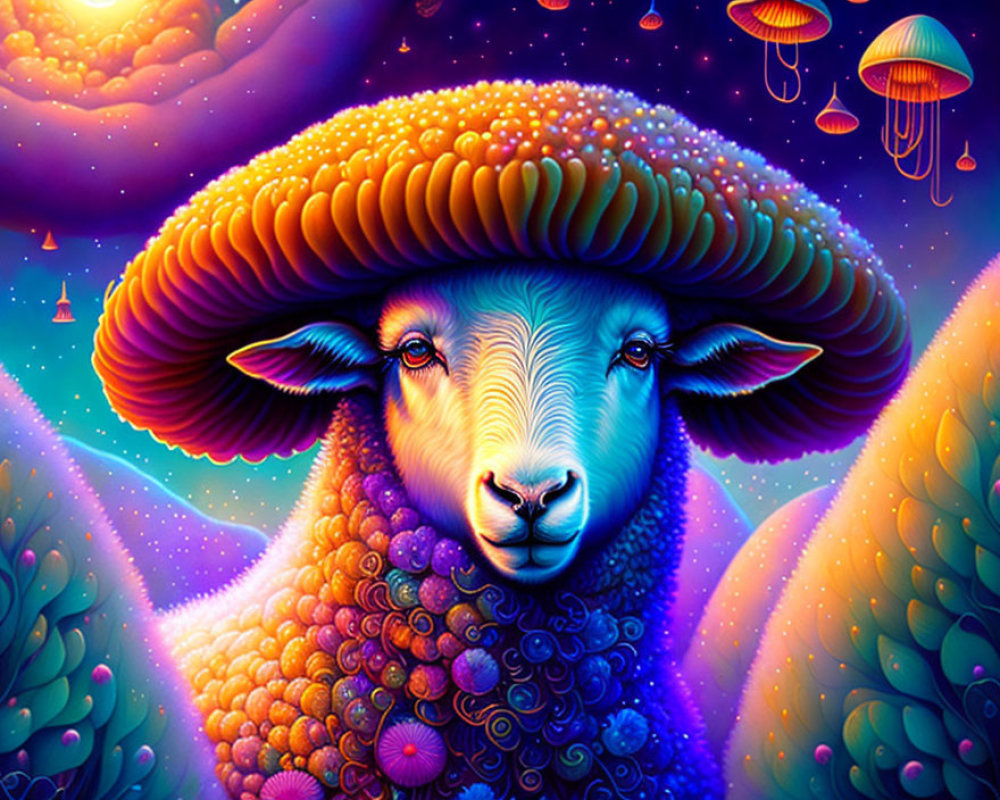 Colorful psychedelic sheep illustration with luminous mushrooms and starlit sky