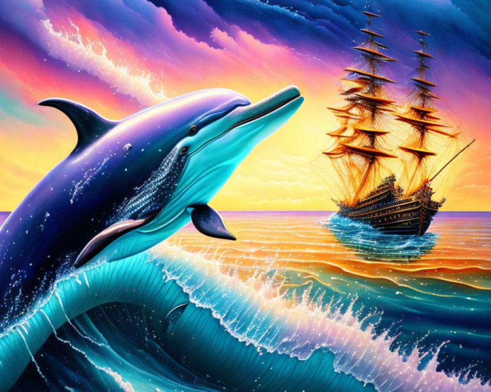 Colorful artwork of dolphin leaping over ocean waves at sunset