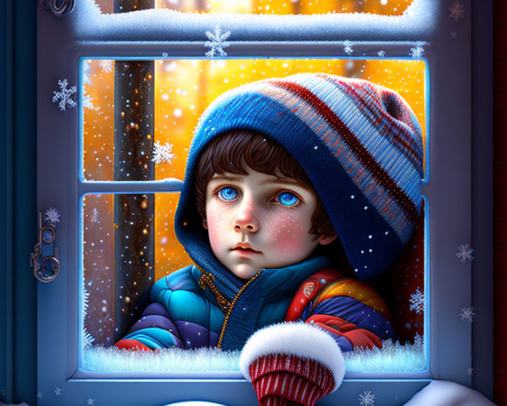 Child in Colorful Winter Attire Watching Snowfall Through Frosty Window