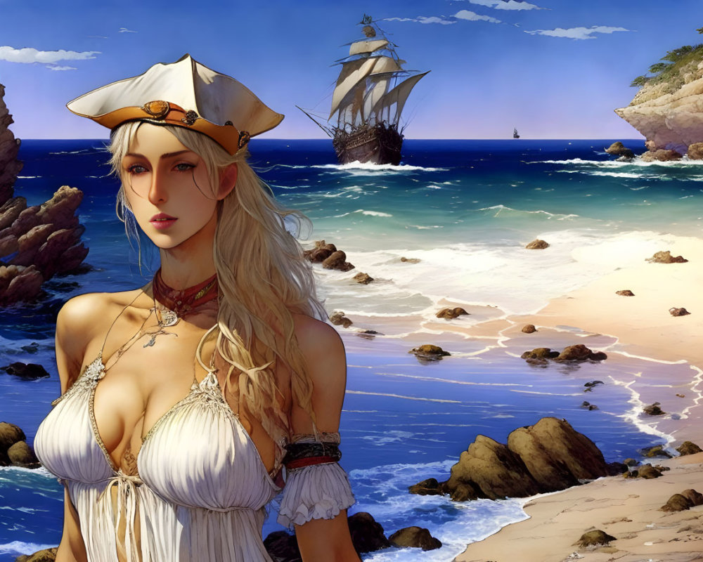 Woman in pirate attire on beach with ship in background